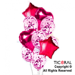 SET DE GLOBOS METALIZADOS Y LATEX CON CONFETI FUCSIA x 10 UNIDADES